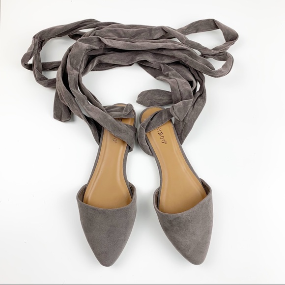 Bamboo Gray Pointed Lace Up Flats - Picture 2 of 5